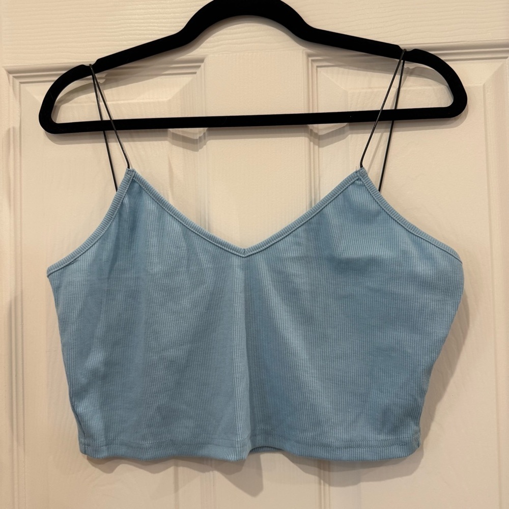 Sky Blue Ribbed Cropped Cami with Black Skinny Straps